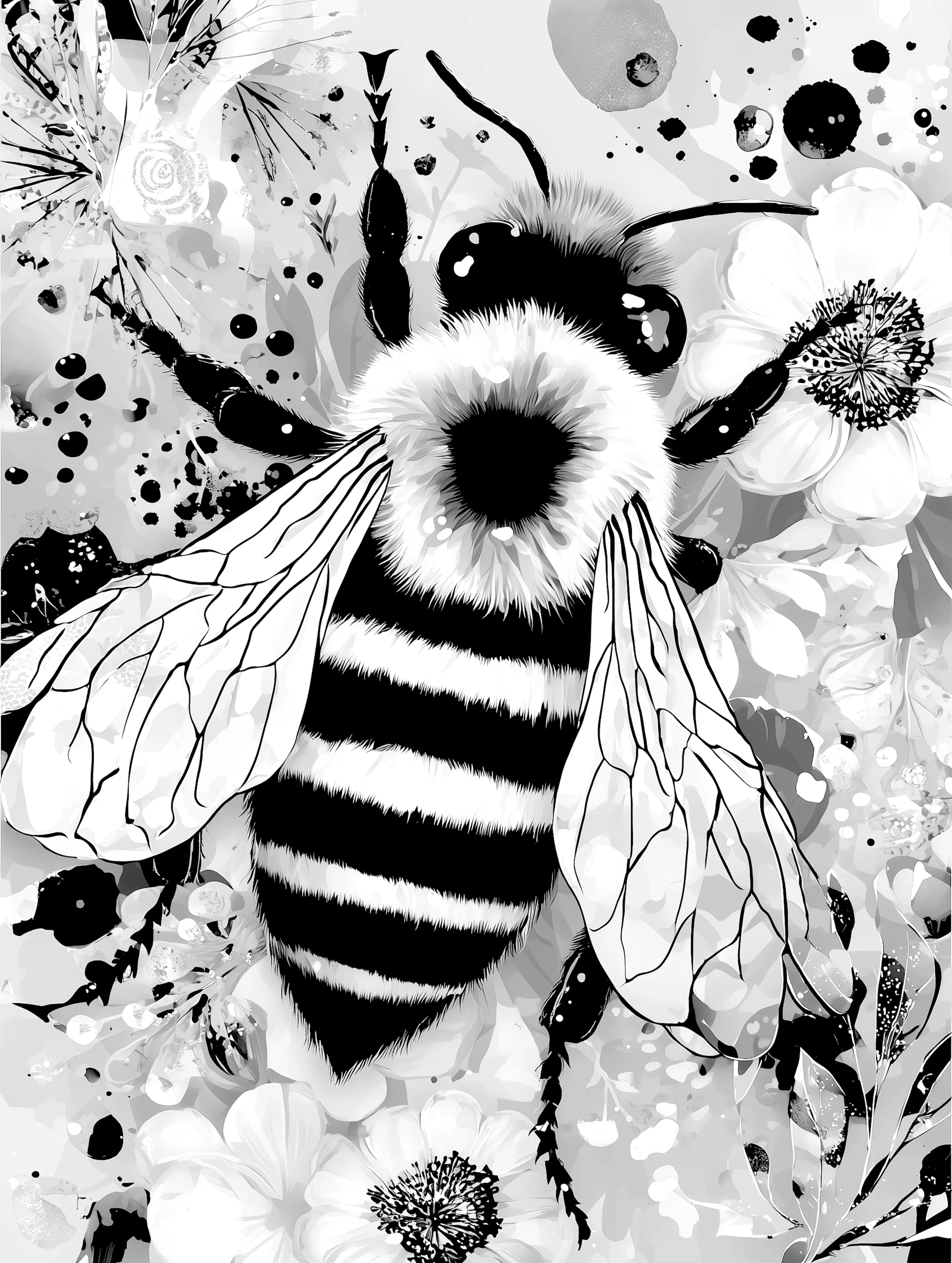 Free printable bee coloring page for adults featuring gray background bee closeup